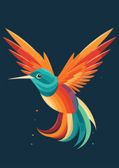 A flying colorful hummingbird on a dark blue background