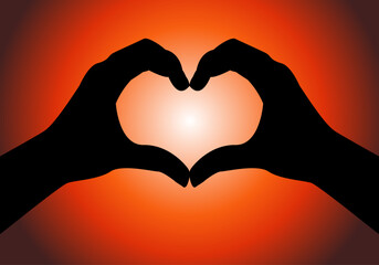 Fototapeta premium Manos haciendo la forma del corazón. Amor. Emociones sobre fondo cálido en tonos blanco, rojo y negro