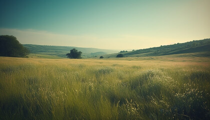 Obraz premium Harvesting wheat in tranquil meadow at sunrise, idyllic beauty generated by AI