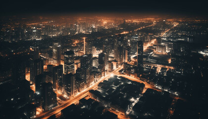 City skyline glows with modern architecture, traffic and nightlife below generated by AI