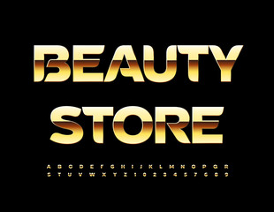 Vector Golden Sign Beauty Store. Stylish shiny Font. Chic Alphabet Letters and Numbers