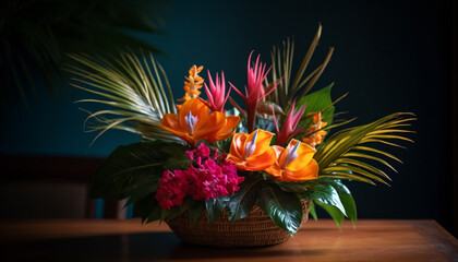 A vibrant bouquet of multi colored flowers in a wooden vase generated by AI