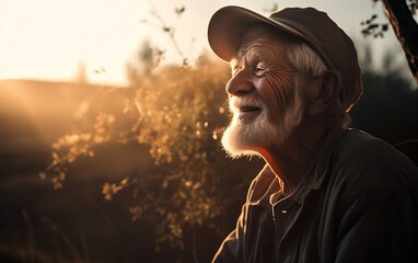 Portrait of a happy old man at sunset. Generative AI technology.