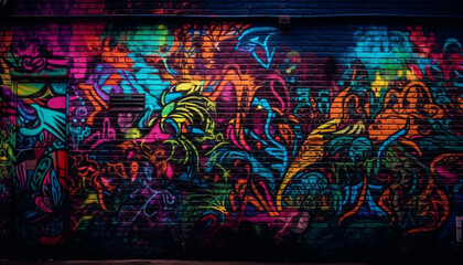 graffiti mural illuminates old building feature in chaotic city street generated by AI