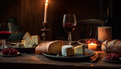Fototapeta na wymiar A gourmet meal with wine, cheese, and bread on wood generated by AI