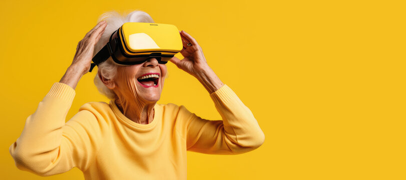 Elderly person laughing wearing colorful clothes and a modern and sleek virtual reality headset. Generative AI