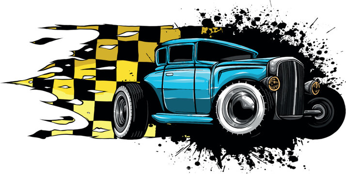 vector illustration of hot rod car with race flag