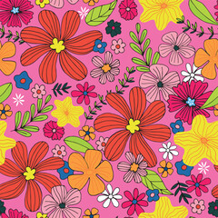 Fototapeta na wymiar Pink bright Wildflowers and Daisies seamless vector pattern. Floral vector pattern with leaves.