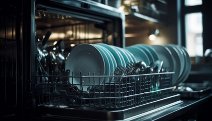 Clean stainless steel crockery stack inside modern commercial dishwasher equipment generated by AI