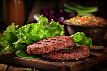 Raw burger cutlet with salad leaves on the wooden background. Generative AI