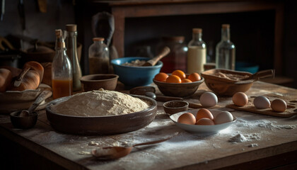 Fototapeta na wymiar Rustic homemade bread preparation on wooden table with organic ingredients generated by AI