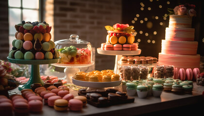 Obraz na płótnie Canvas A gourmet dessert buffet with multi colored macaroons and cheesecake generated by AI