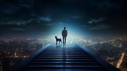 A dynamic duo, a confident businessman and his loyal canine companion, stand side by side on the rooftop of a towering building and face up to the night city. generative AI.