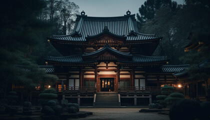 Obraz premium The ancient pagoda illuminates the dark autumn night in Seoul generated by AI