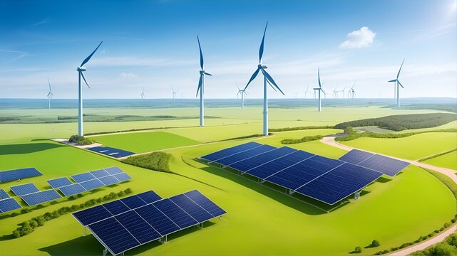 wind turbine and solar panels, renewable energy