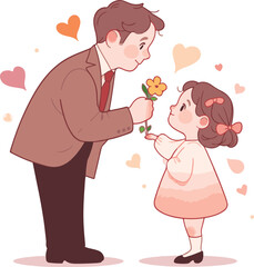 Happy Father's Day. Dad with his daughter with flowers. Greeting card for the holiday. Vector illustration in cartoon style. Happy Father's day card design.