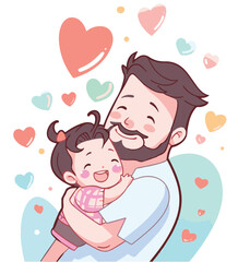 Happy Father's Day. Dad with his daughter with flowers. Greeting card for the holiday. Vector illustration in cartoon style. Happy Father's day card design.
