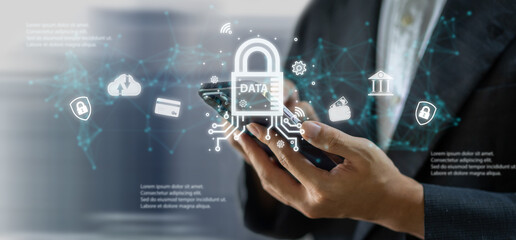 People use phone security scanning protect concept, technology digital futuristic, finger scanning, privacy, password, cyber security, cloud online technology to protect client IT lock.security