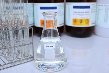 Benzene in container, chemical analysis in laboratory
