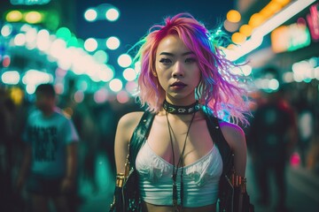 Portrait of woman with colorful, messy, and glowing hair stands on a busy street in a futuristic metropolis. AI generated