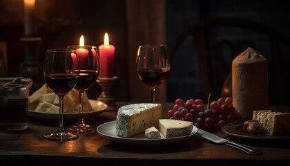 Fototapeta na wymiar A gourmet meal with wine, cheese, and bread on table generated by AI