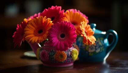 A rustic pottery jug holds a multi colored gerbera daisy bouquet generated by AI