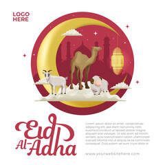 Eid Al Adha Social Media Banner Template With Sacrifice Animal On Cloud and Crescent Moon Lantern Mosque Background