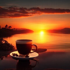 cup of coffee sea sunset  Generative Al