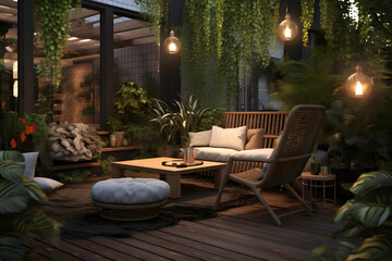 Fototapeta na wymiar Terrace design, comfortable seating, warm lighting, and lush greenery, creating a welcoming and intimate atmosphere for relaxation and socializing, Generated AI
