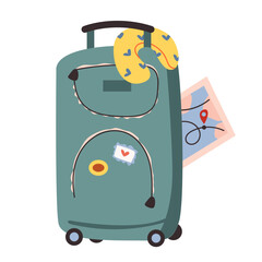 Cute travel suitcase with stickers. A traveler's bag. Luggage bag. Travel concept. Cartoon vector illustration