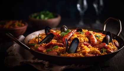 Fresh seafood paella with mussels, prawns, and saffron cooked gourmet generated by AI