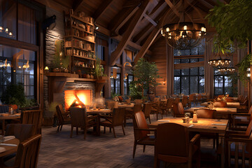 Rustic restaurant design, wooden accents, warm lighting, and a fireplace, Generated AI