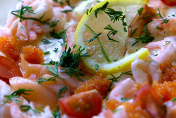 Close up of salmon shrimp roe and lemon