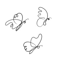 Set of butterflies, sketch in black lines. Vector illustration isolated on white background.