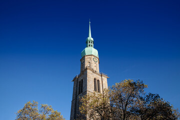 Reinoldikirche church in Dortmund, Germany, in autumn. Reinoldikirche, or saint reinold church church is an lutheran protestant church in the North Rhine Westphalia region.