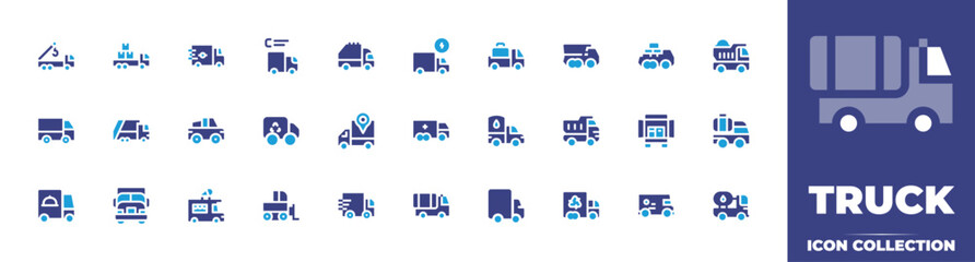 Truck icon collection. Duotone color. Vector and transparent illustration. Containing tow truck, cargo truck, delivery truck, truck, garbage truck, electric truck, luggage, dump truck, and more.