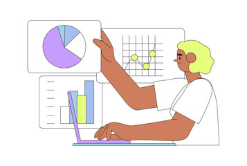 Businesswoman research market on laptop and search solutions, strategies and ways of company business improvement. Economic strategy, analysis of sales, statistic, data collection and management.