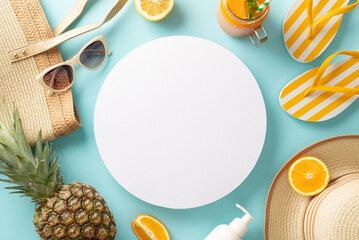 Embrace the essence of summer with this delightful composition of sunhat, flip-flops, sunglasses, fruit, bag, drinks, and a serene pastel blue background, featuring an inviting empty circle for text