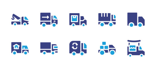 Truck icon set. Duotone color. Vector illustration. Containing tow truck, moving truck, delivery truck, truck, delivery, automobile, trash truck, food truck.