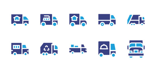 Truck icon set. Duotone color. Vector illustration. Containing real estate, cleaning service, moving truck, small truck, garbage truck, truck, recycling.