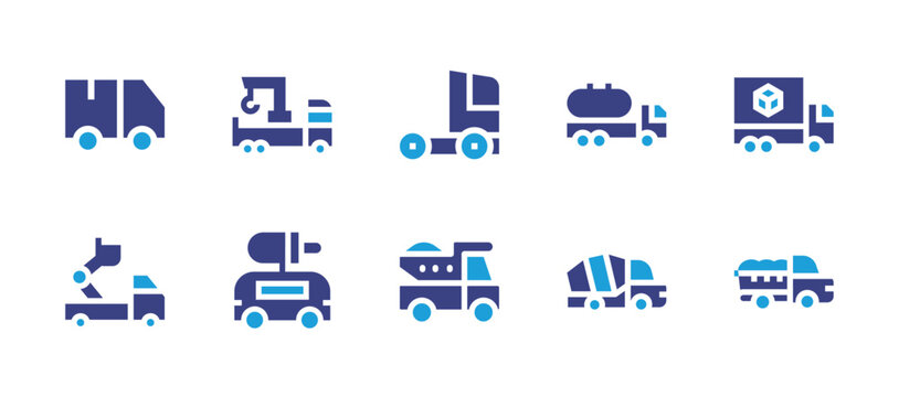 Truck icon set. Duotone color. Vector illustration. Containing truck, crane truck, tank truck, delivery truck, ladder truck, food truck, dump truck, cement truck, trash truck.