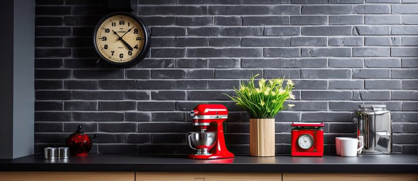 Wooden clock on black brick wall in trendy kitchen with red kitchen robot. Generative AI