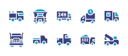 Truck icon set. Duotone color. Vector illustration. Containing truck, cargo truck, delivery, delivery truck, pickup truck, tow truck.