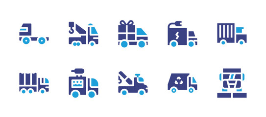 Truck icon set. Duotone color. Vector illustration. Containing truck, tow truck, delivery truck, military truck, ice cream truck, recycling truck.