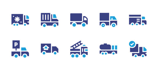 Truck icon set. Duotone color. Vector illustration. Containing truck, van, moving truck, fire truck, tanker truck, delivery truck.