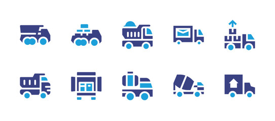 Truck icon set. Duotone color. Vector illustration. Containing garbage truck, truck, dump truck, export, delivery truck, mixer truck, trucks.