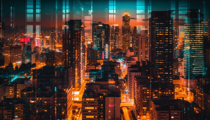 Obraz premium City skyline glows with multi colored skyscrapers in the dark night generated by AI