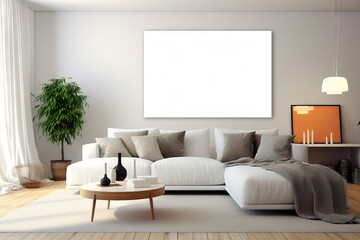 blank rectangular mockup frame on a modern living room over the couch