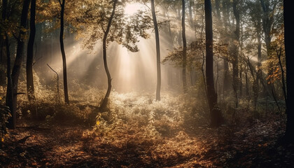 Obraz premium The tranquil forest glows with vibrant autumn colors and mystery generated by AI
