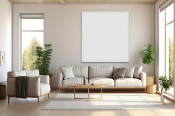 blank rectangular mockup frame on a vertical position in a modern living room